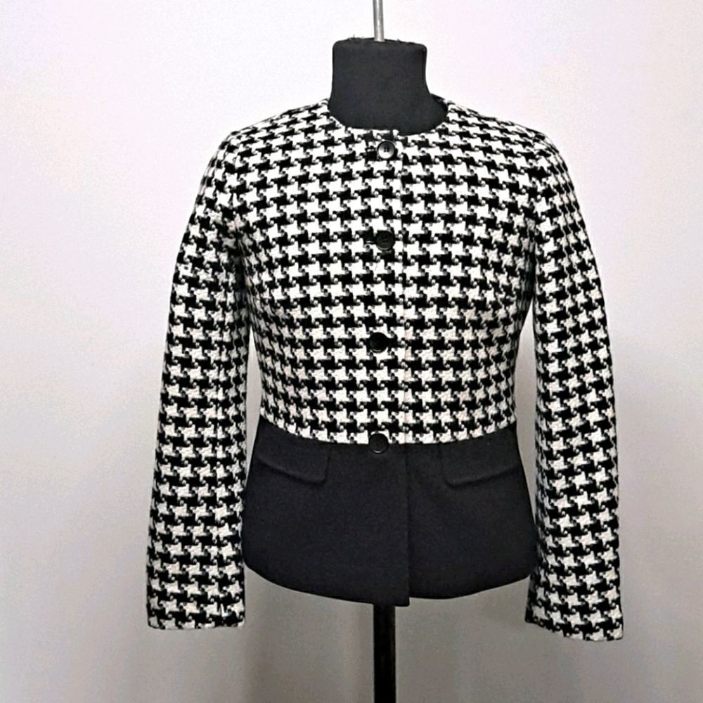 Talbots Women’s Size 10 Black Button Down Houndstooth Blazer Suit Jacket